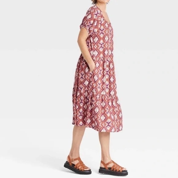 Knox rose women's size XL artsy batik rayon puff sleeve midi boho prairie dress - Picture 12 of 13